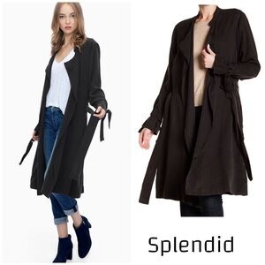 Splendid Sandwash Twill Drape Trench Coat. Black. Knee length.  Tie waist